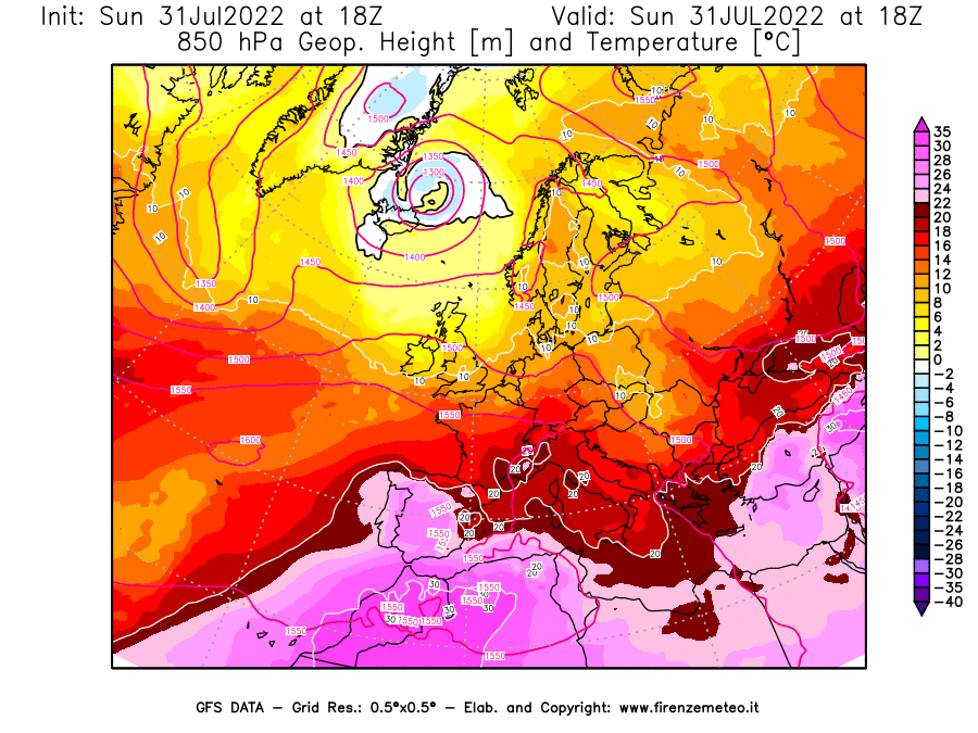 GFS analysi map - Geopotential [m] and Temperature [°C] at 850 hPa in Europe
									on 31/07/2022 18 <!--googleoff: index-->UTC<!--googleon: index-->