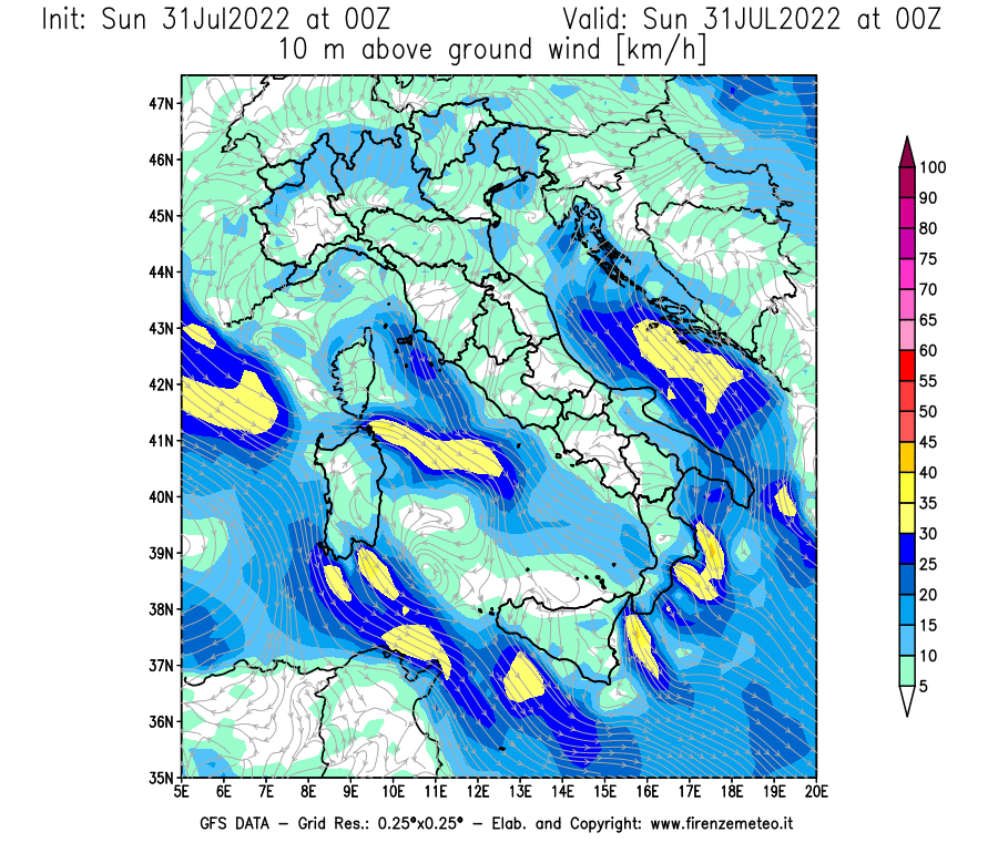 GFS analysi map - Wind Speed at 10 m above ground [km/h] in Italy
									on 31/07/2022 00 <!--googleoff: index-->UTC<!--googleon: index-->