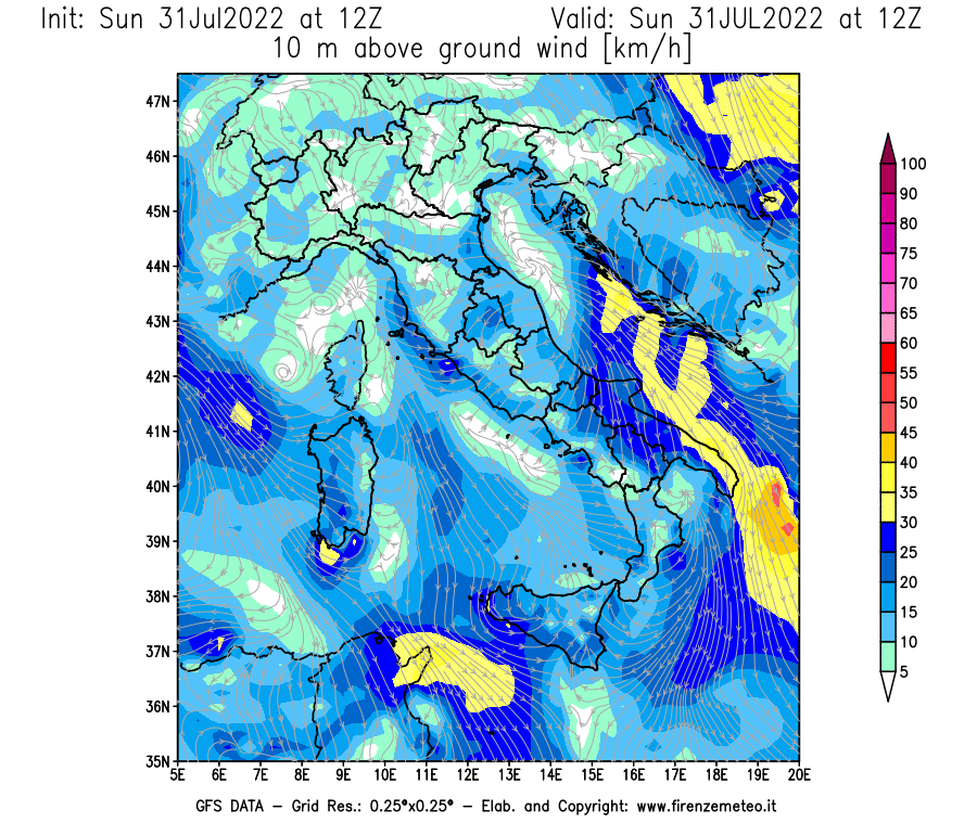 GFS analysi map - Wind Speed at 10 m above ground [km/h] in Italy
									on 31/07/2022 12 <!--googleoff: index-->UTC<!--googleon: index-->