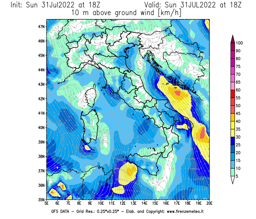 GFS analysi map - Wind Speed at 10 m above ground [km/h] in Italy
									on 31/07/2022 18 <!--googleoff: index-->UTC<!--googleon: index-->