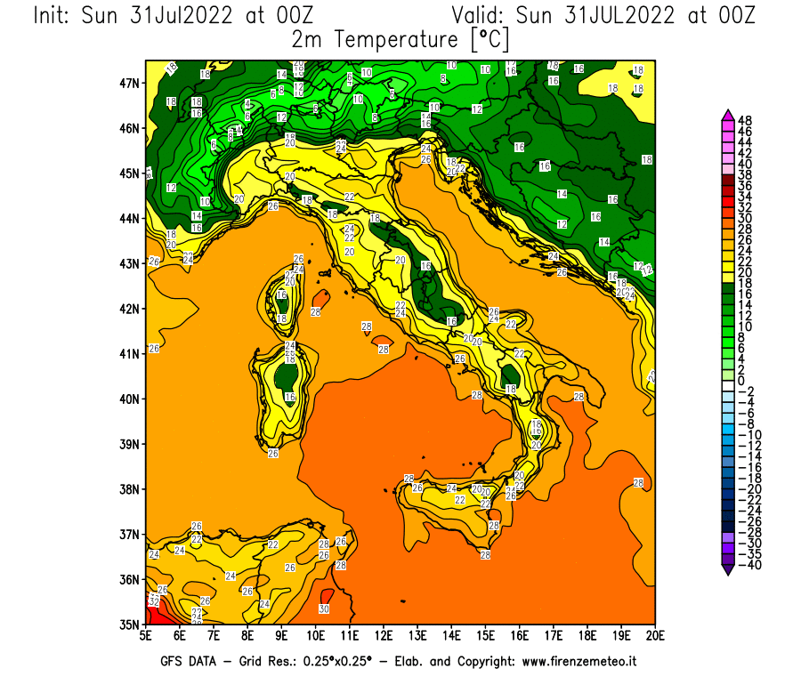 GFS analysi map - Temperature at 2 m above ground [°C] in Italy
									on 31/07/2022 00 <!--googleoff: index-->UTC<!--googleon: index-->