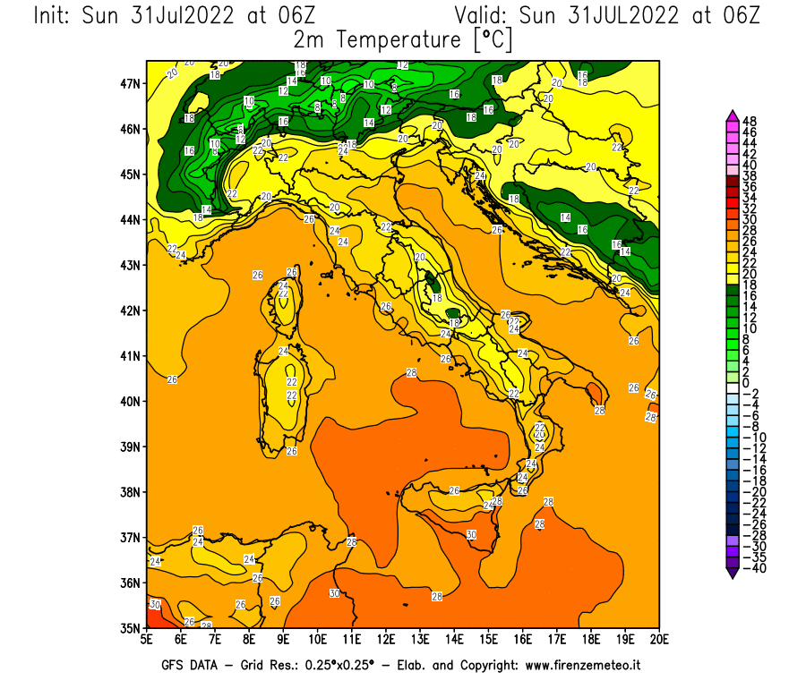 GFS analysi map - Temperature at 2 m above ground [°C] in Italy
									on 31/07/2022 06 <!--googleoff: index-->UTC<!--googleon: index-->