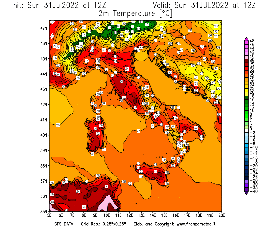 GFS analysi map - Temperature at 2 m above ground [°C] in Italy
									on 31/07/2022 12 <!--googleoff: index-->UTC<!--googleon: index-->