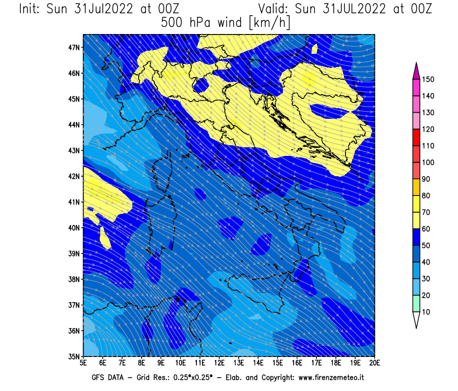GFS analysi map - Wind Speed at 500 hPa [km/h] in Italy
									on 31/07/2022 00 <!--googleoff: index-->UTC<!--googleon: index-->