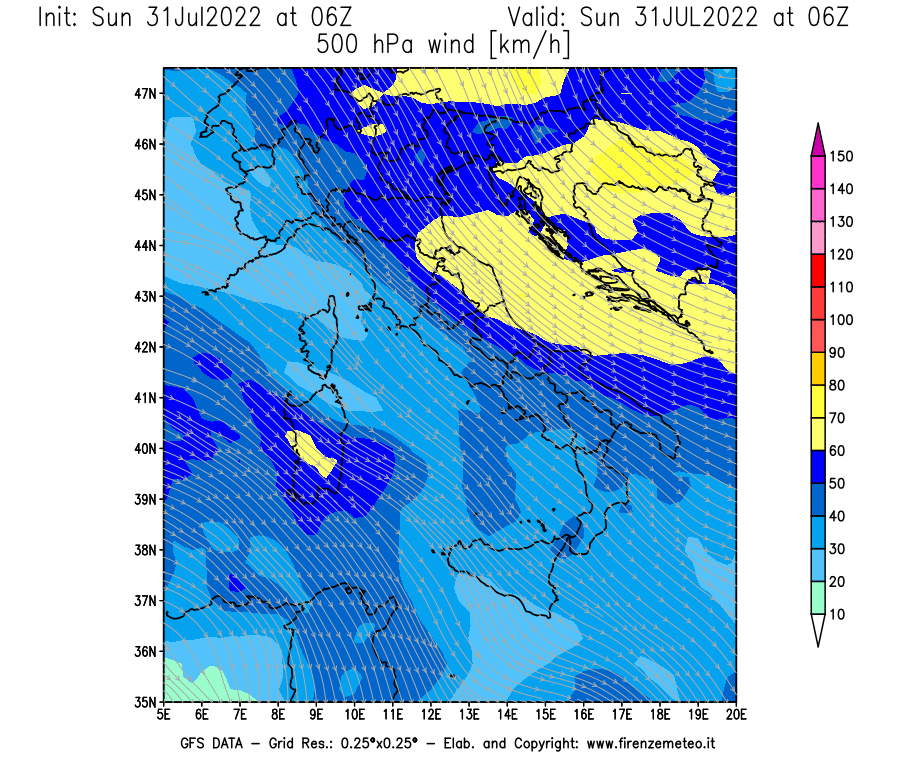 GFS analysi map - Wind Speed at 500 hPa [km/h] in Italy
									on 31/07/2022 06 <!--googleoff: index-->UTC<!--googleon: index-->