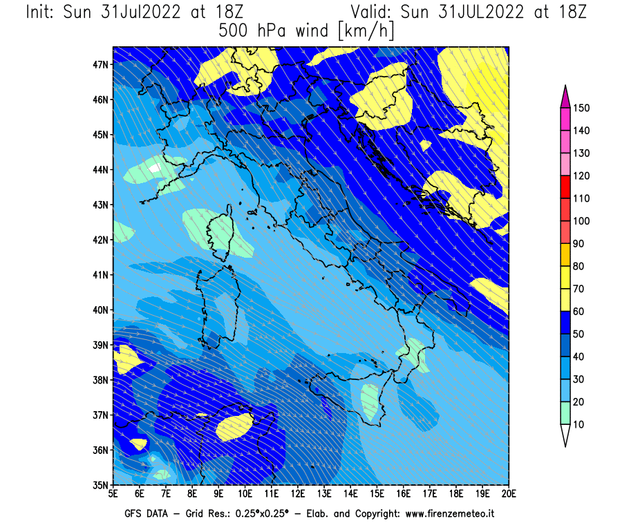 GFS analysi map - Wind Speed at 500 hPa [km/h] in Italy
									on 31/07/2022 18 <!--googleoff: index-->UTC<!--googleon: index-->