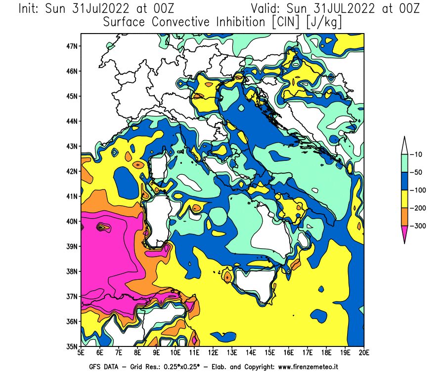 GFS analysi map - CIN [J/kg] in Italy
									on 31/07/2022 00 <!--googleoff: index-->UTC<!--googleon: index-->