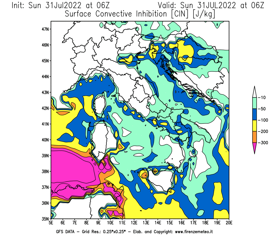 GFS analysi map - CIN [J/kg] in Italy
									on 31/07/2022 06 <!--googleoff: index-->UTC<!--googleon: index-->