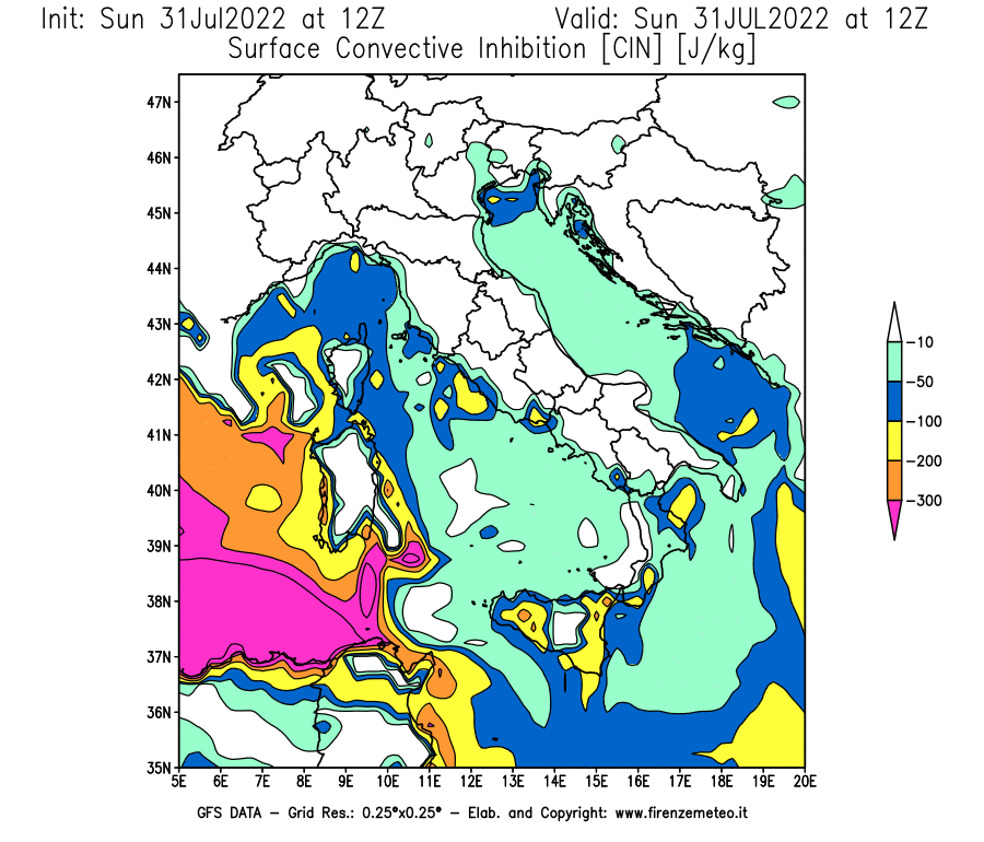 GFS analysi map - CIN [J/kg] in Italy
									on 31/07/2022 12 <!--googleoff: index-->UTC<!--googleon: index-->