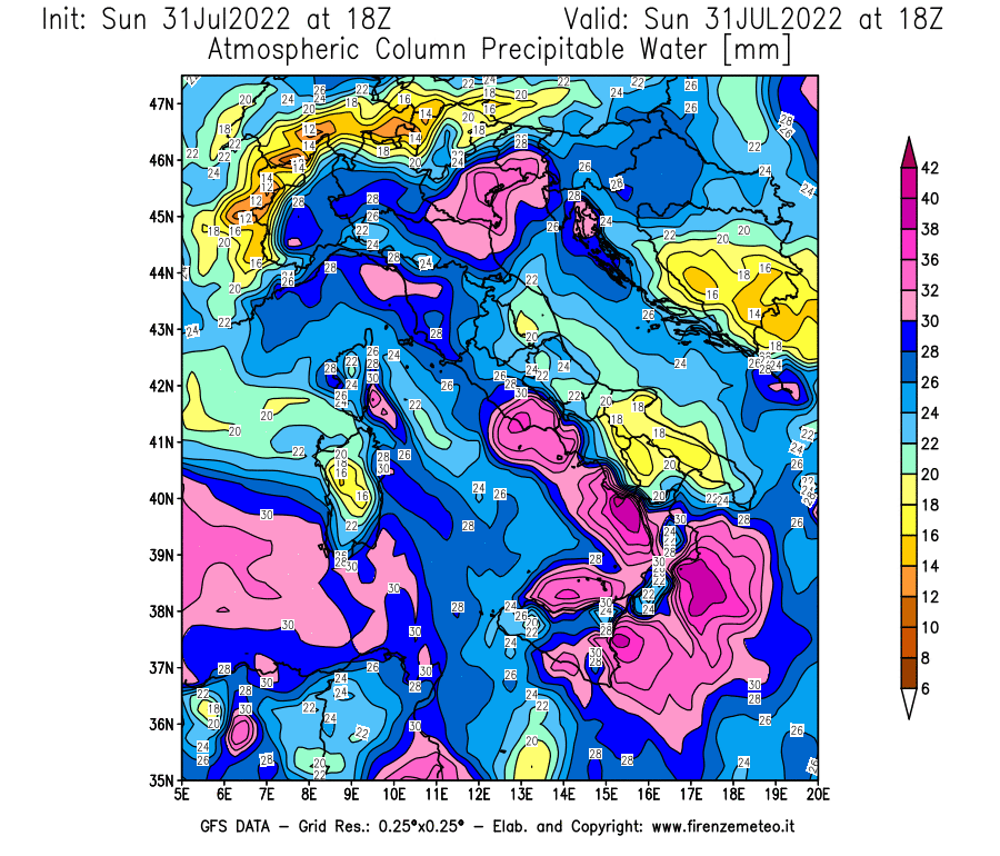 GFS analysi map - Precipitable Water [mm] in Italy
									on 31/07/2022 18 <!--googleoff: index-->UTC<!--googleon: index-->