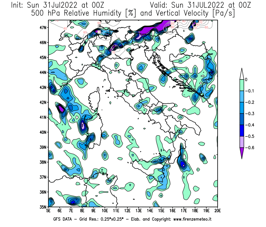 GFS analysi map - Relative Umidity [%] and Omega [Pa/s] at 500 hPa in Italy
									on 31/07/2022 00 <!--googleoff: index-->UTC<!--googleon: index-->