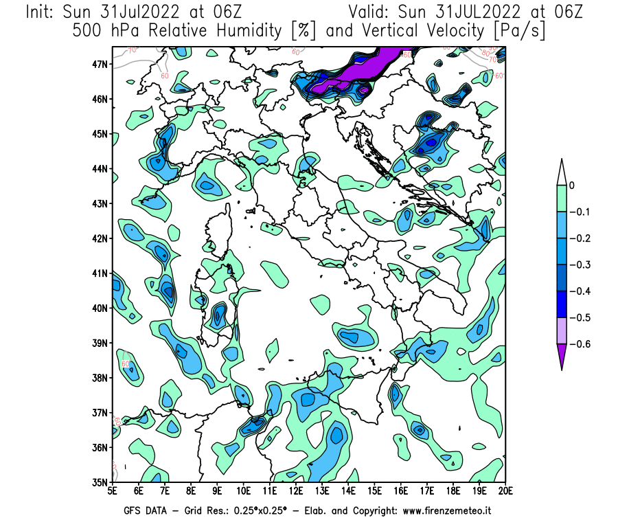 GFS analysi map - Relative Umidity [%] and Omega [Pa/s] at 500 hPa in Italy
									on 31/07/2022 06 <!--googleoff: index-->UTC<!--googleon: index-->