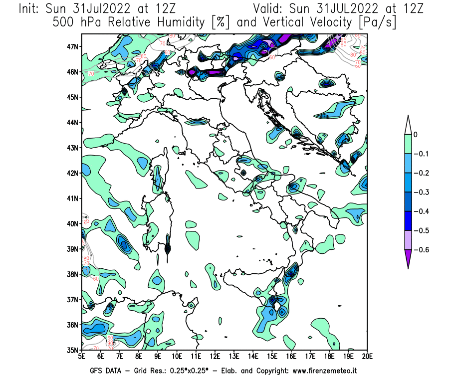 GFS analysi map - Relative Umidity [%] and Omega [Pa/s] at 500 hPa in Italy
									on 31/07/2022 12 <!--googleoff: index-->UTC<!--googleon: index-->