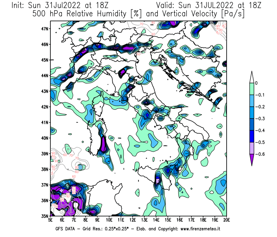 GFS analysi map - Relative Umidity [%] and Omega [Pa/s] at 500 hPa in Italy
									on 31/07/2022 18 <!--googleoff: index-->UTC<!--googleon: index-->