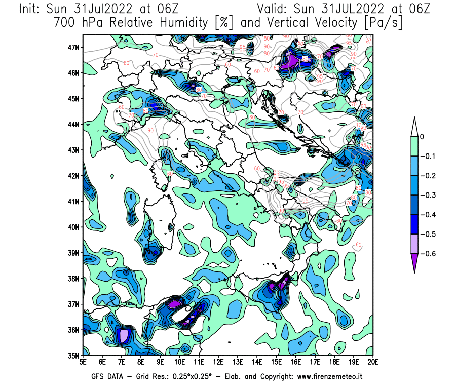GFS analysi map - Relative Umidity [%] and Omega [Pa/s] at 700 hPa in Italy
									on 31/07/2022 06 <!--googleoff: index-->UTC<!--googleon: index-->