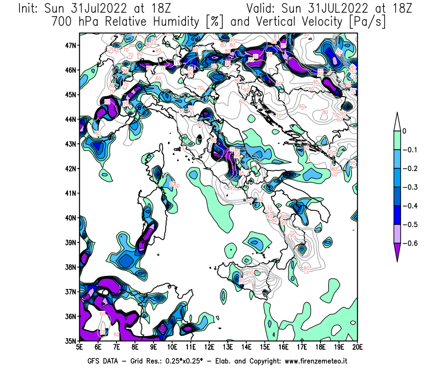 GFS analysi map - Relative Umidity [%] and Omega [Pa/s] at 700 hPa in Italy
									on 31/07/2022 18 <!--googleoff: index-->UTC<!--googleon: index-->
