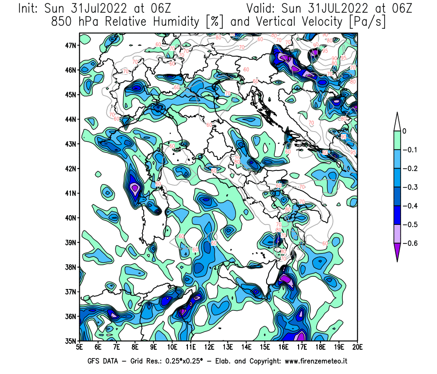 GFS analysi map - Relative Umidity [%] and Omega [Pa/s] at 850 hPa in Italy
									on 31/07/2022 06 <!--googleoff: index-->UTC<!--googleon: index-->