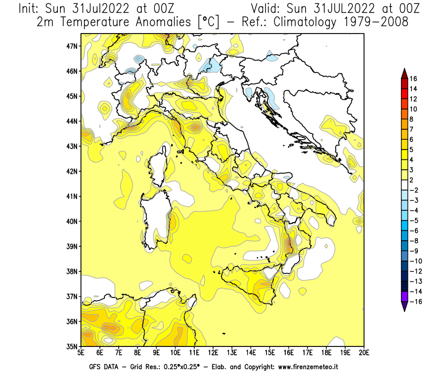 GFS analysi map - Temperature Anomalies [°C] at 2 m in Italy
									on 31/07/2022 00 <!--googleoff: index-->UTC<!--googleon: index-->