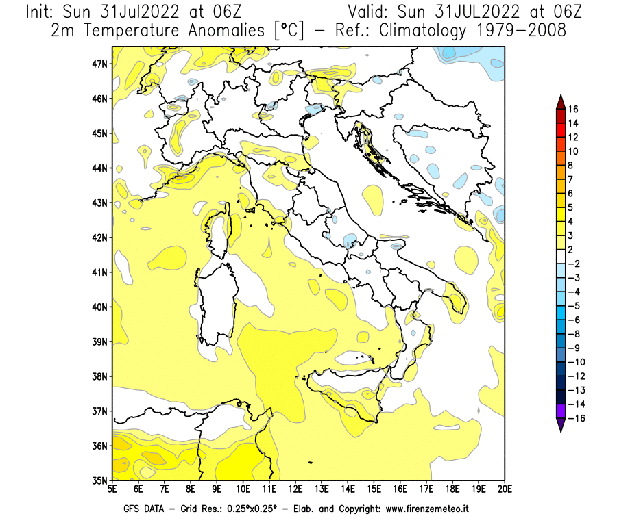 GFS analysi map - Temperature Anomalies [°C] at 2 m in Italy
									on 31/07/2022 06 <!--googleoff: index-->UTC<!--googleon: index-->