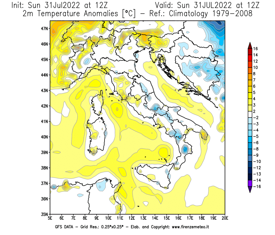 GFS analysi map - Temperature Anomalies [°C] at 2 m in Italy
									on 31/07/2022 12 <!--googleoff: index-->UTC<!--googleon: index-->
