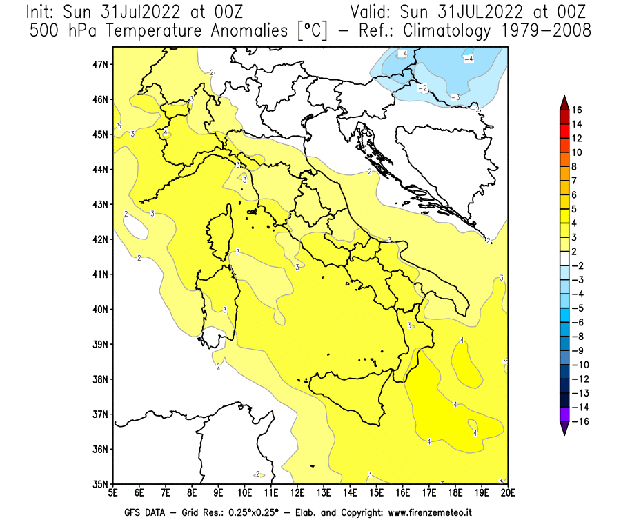 GFS analysi map - Temperature Anomalies [°C] at 500 hPa in Italy
									on 31/07/2022 00 <!--googleoff: index-->UTC<!--googleon: index-->