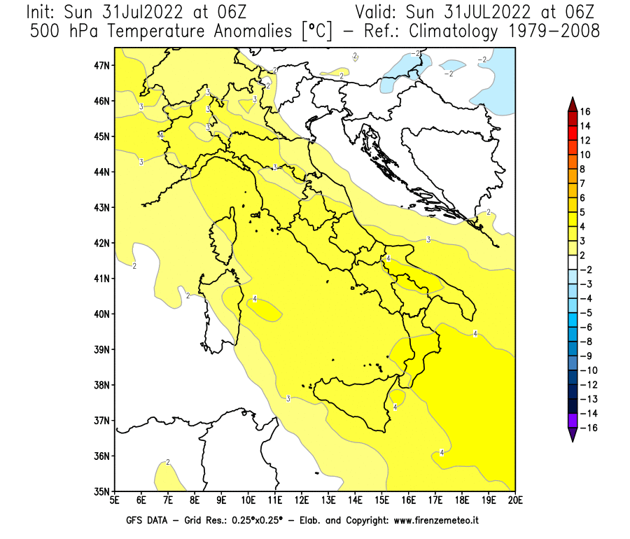 GFS analysi map - Temperature Anomalies [°C] at 500 hPa in Italy
									on 31/07/2022 06 <!--googleoff: index-->UTC<!--googleon: index-->