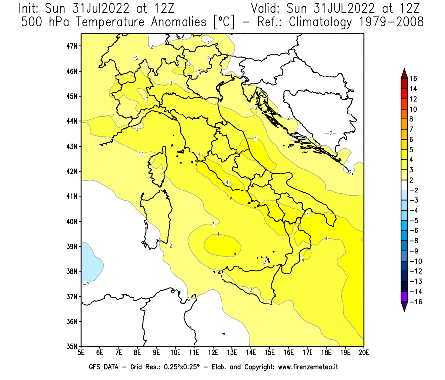 GFS analysi map - Temperature Anomalies [°C] at 500 hPa in Italy
									on 31/07/2022 12 <!--googleoff: index-->UTC<!--googleon: index-->