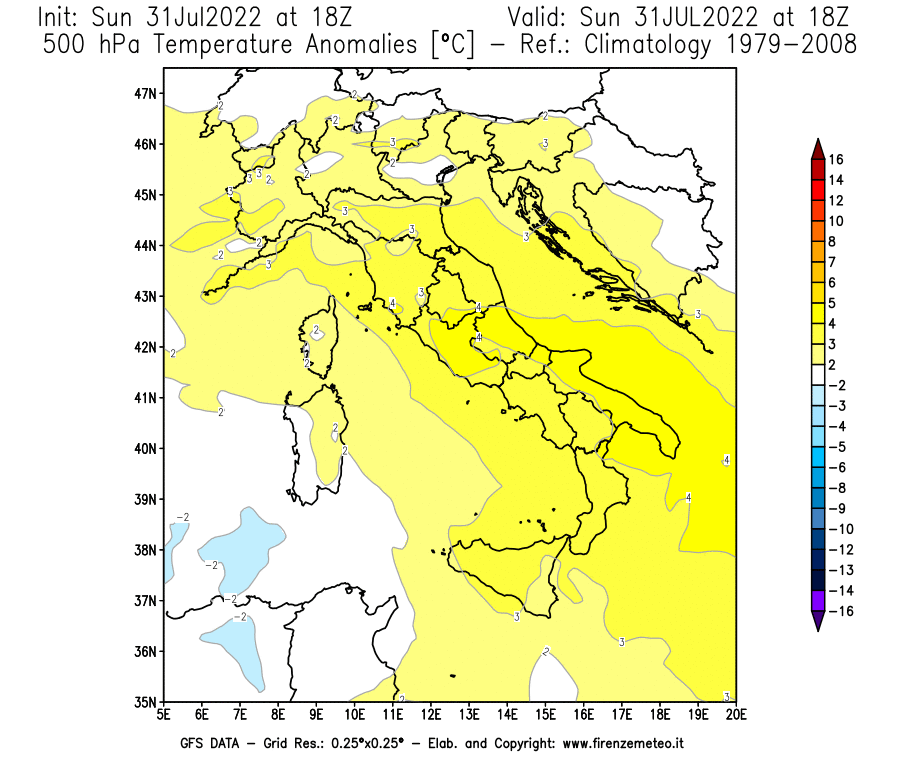 GFS analysi map - Temperature Anomalies [°C] at 500 hPa in Italy
									on 31/07/2022 18 <!--googleoff: index-->UTC<!--googleon: index-->