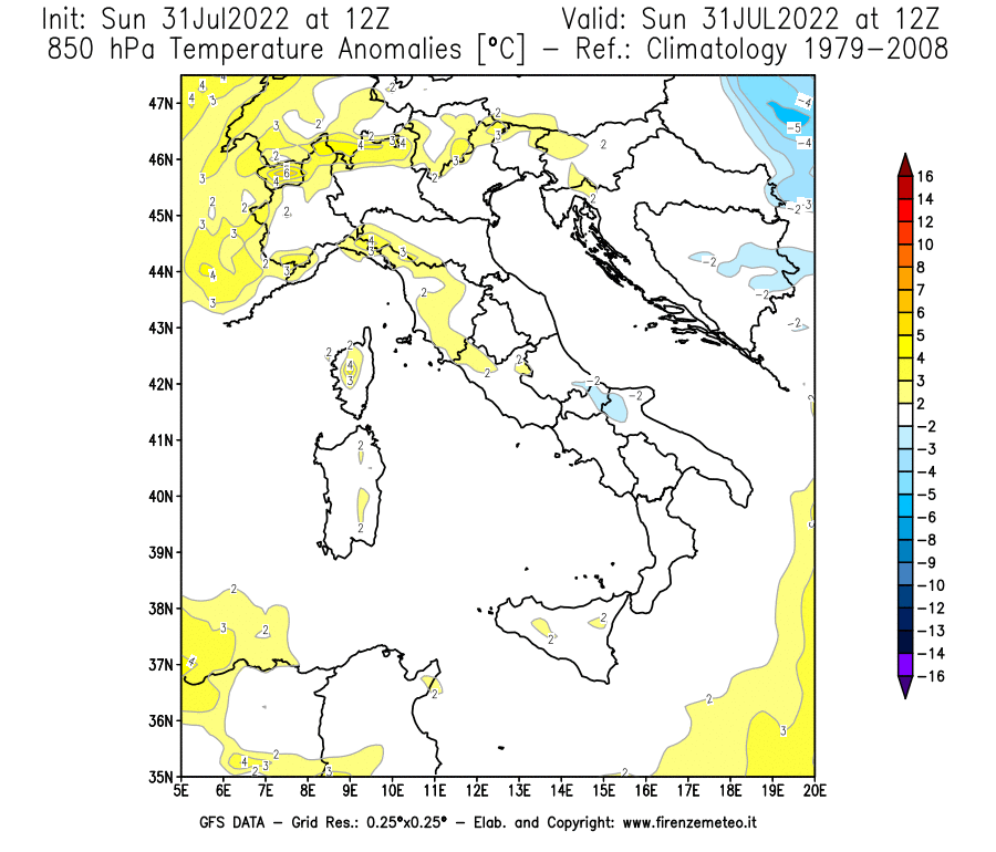 GFS analysi map - Temperature Anomalies [°C] at 850 hPa in Italy
									on 31/07/2022 12 <!--googleoff: index-->UTC<!--googleon: index-->