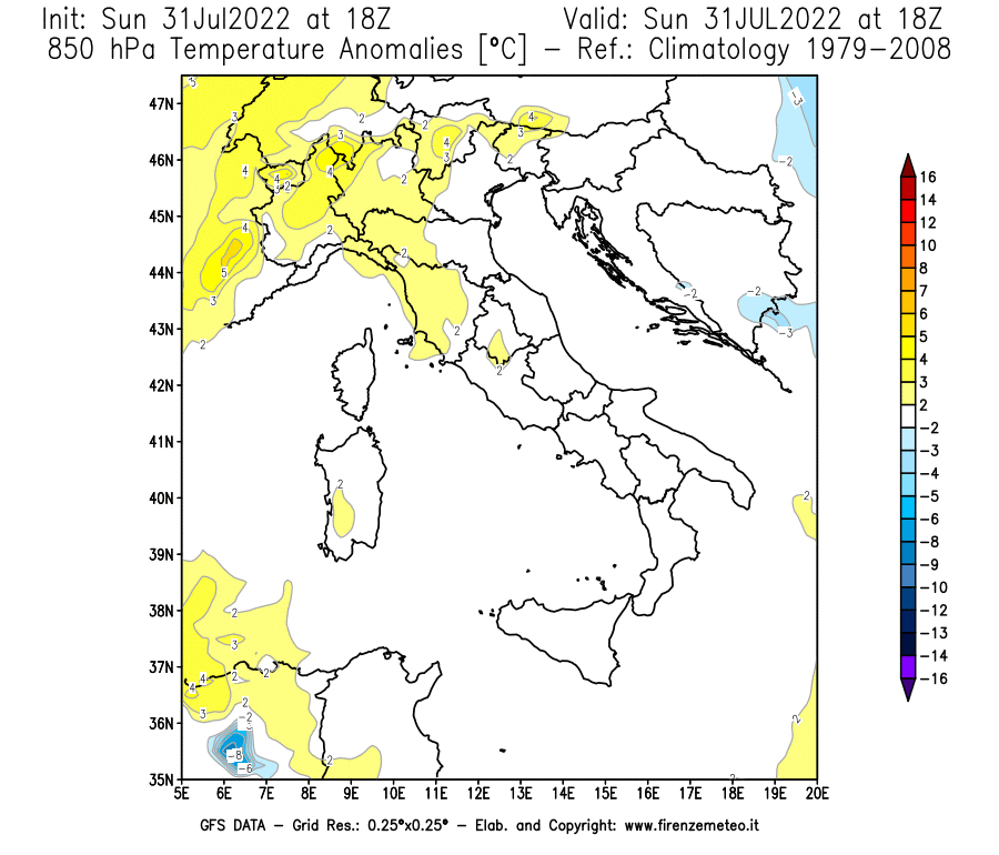 GFS analysi map - Temperature Anomalies [°C] at 850 hPa in Italy
									on 31/07/2022 18 <!--googleoff: index-->UTC<!--googleon: index-->