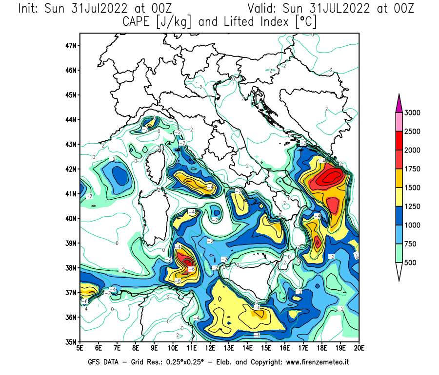 GFS analysi map - CAPE [J/kg] and Lifted Index [°C] in Italy
									on 31/07/2022 00 <!--googleoff: index-->UTC<!--googleon: index-->