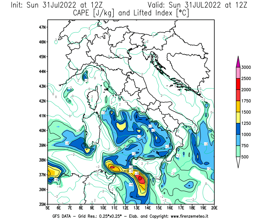 GFS analysi map - CAPE [J/kg] and Lifted Index [°C] in Italy
									on 31/07/2022 12 <!--googleoff: index-->UTC<!--googleon: index-->