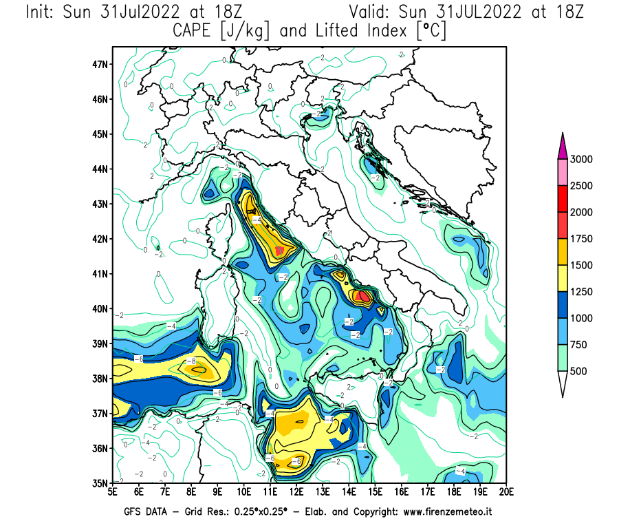 GFS analysi map - CAPE [J/kg] and Lifted Index [°C] in Italy
									on 31/07/2022 18 <!--googleoff: index-->UTC<!--googleon: index-->