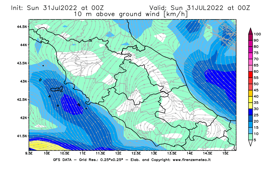 GFS analysi map - Wind Speed at 10 m above ground [km/h] in Central Italy
									on 31/07/2022 00 <!--googleoff: index-->UTC<!--googleon: index-->