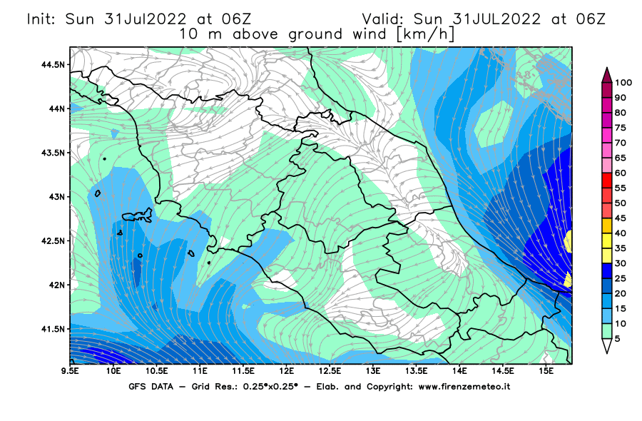 GFS analysi map - Wind Speed at 10 m above ground [km/h] in Central Italy
									on 31/07/2022 06 <!--googleoff: index-->UTC<!--googleon: index-->