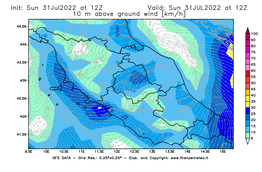 GFS analysi map - Wind Speed at 10 m above ground [km/h] in Central Italy
									on 31/07/2022 12 <!--googleoff: index-->UTC<!--googleon: index-->
