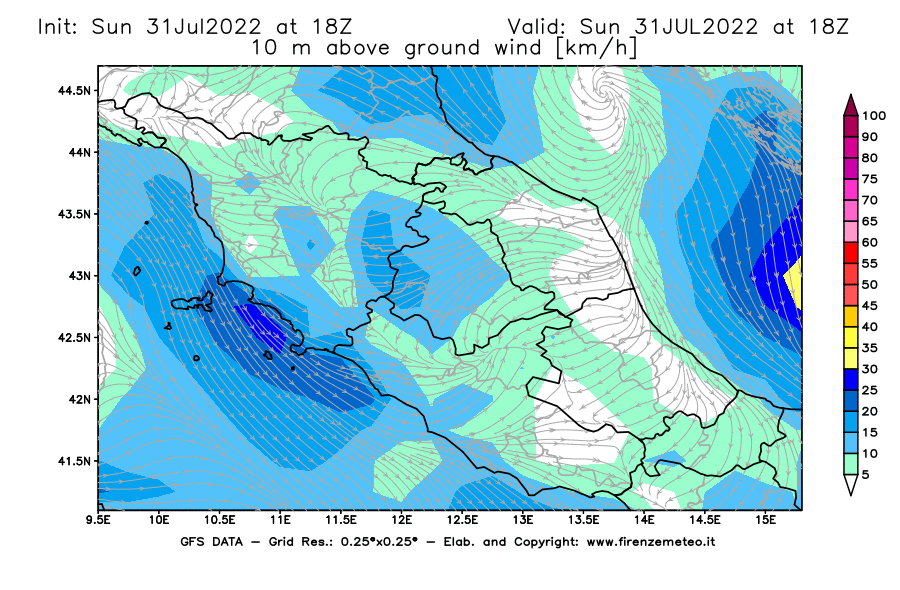 GFS analysi map - Wind Speed at 10 m above ground [km/h] in Central Italy
									on 31/07/2022 18 <!--googleoff: index-->UTC<!--googleon: index-->