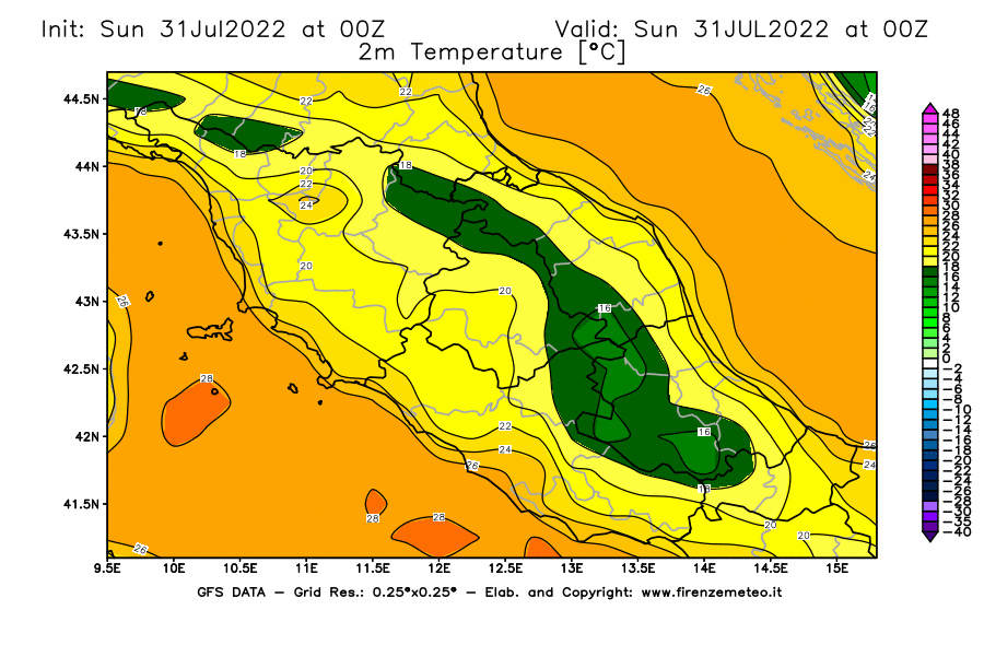 GFS analysi map - Temperature at 2 m above ground [°C] in Central Italy
									on 31/07/2022 00 <!--googleoff: index-->UTC<!--googleon: index-->