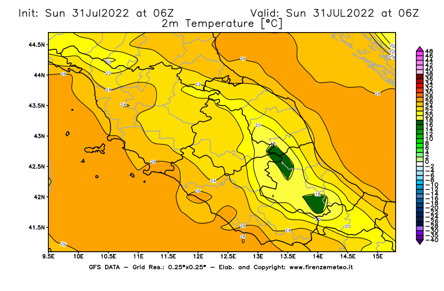 GFS analysi map - Temperature at 2 m above ground [°C] in Central Italy
									on 31/07/2022 06 <!--googleoff: index-->UTC<!--googleon: index-->