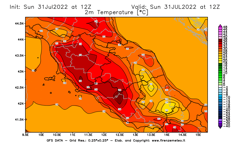 GFS analysi map - Temperature at 2 m above ground [°C] in Central Italy
									on 31/07/2022 12 <!--googleoff: index-->UTC<!--googleon: index-->