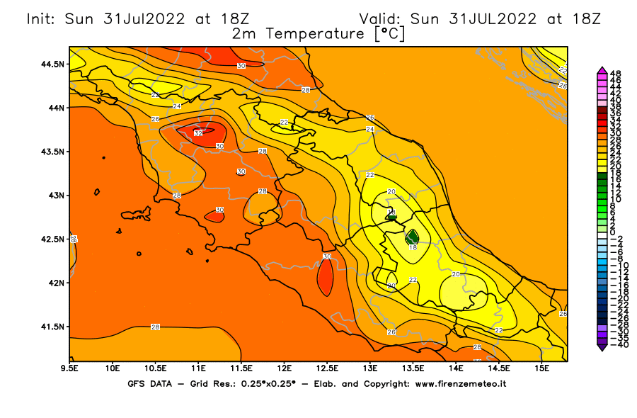 GFS analysi map - Temperature at 2 m above ground [°C] in Central Italy
									on 31/07/2022 18 <!--googleoff: index-->UTC<!--googleon: index-->
