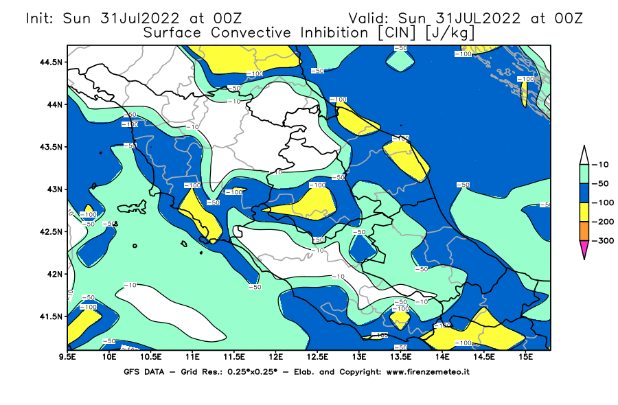 GFS analysi map - CIN [J/kg] in Central Italy
									on 31/07/2022 00 <!--googleoff: index-->UTC<!--googleon: index-->