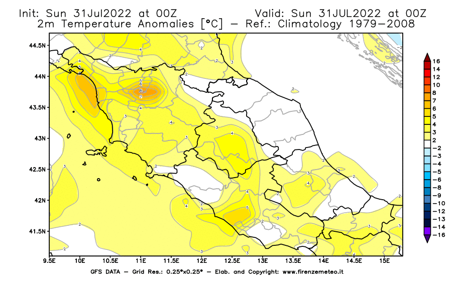GFS analysi map - Temperature Anomalies [°C] at 2 m in Central Italy
									on 31/07/2022 00 <!--googleoff: index-->UTC<!--googleon: index-->
