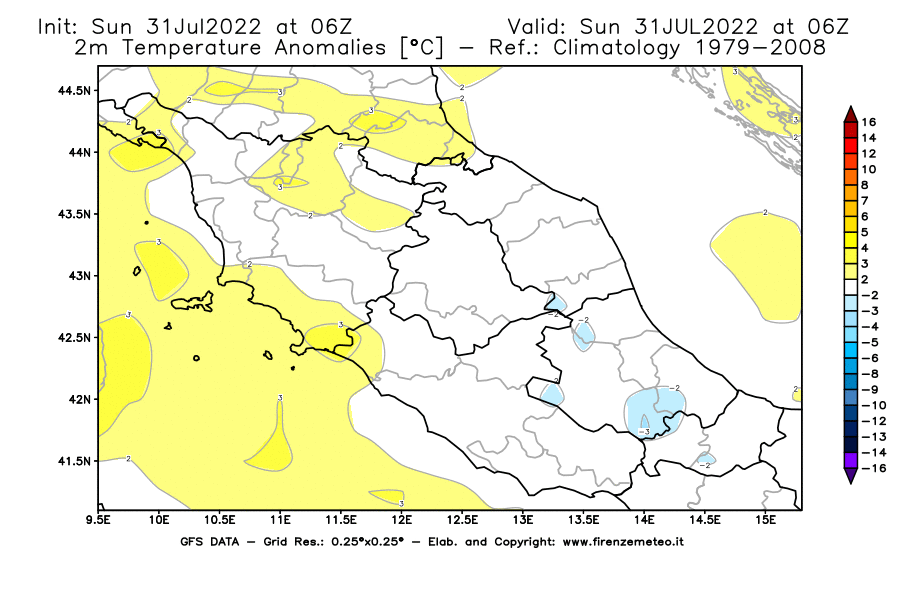 GFS analysi map - Temperature Anomalies [°C] at 2 m in Central Italy
									on 31/07/2022 06 <!--googleoff: index-->UTC<!--googleon: index-->