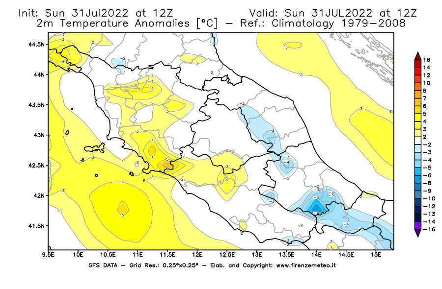GFS analysi map - Temperature Anomalies [°C] at 2 m in Central Italy
									on 31/07/2022 12 <!--googleoff: index-->UTC<!--googleon: index-->