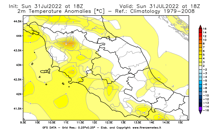 GFS analysi map - Temperature Anomalies [°C] at 2 m in Central Italy
									on 31/07/2022 18 <!--googleoff: index-->UTC<!--googleon: index-->