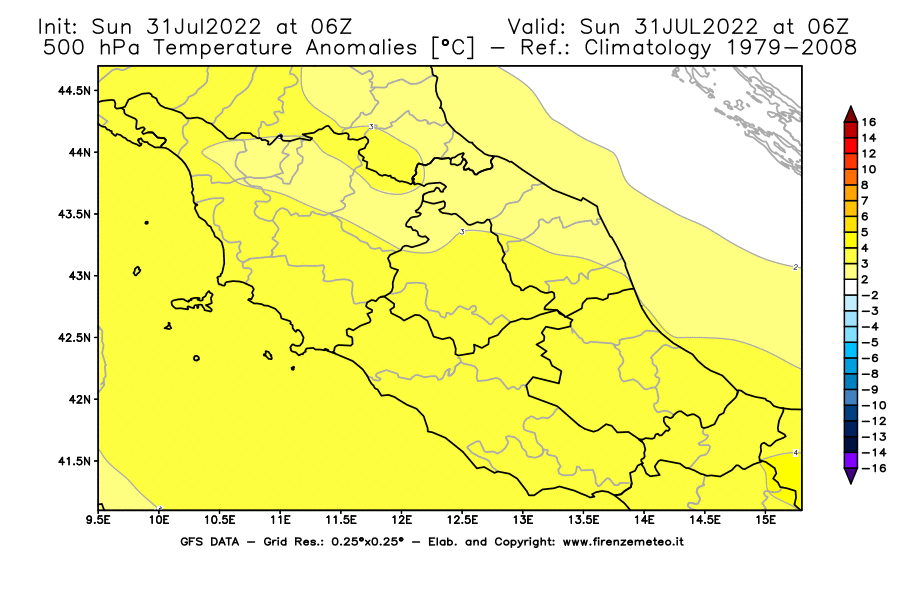 GFS analysi map - Temperature Anomalies [°C] at 500 hPa in Central Italy
									on 31/07/2022 06 <!--googleoff: index-->UTC<!--googleon: index-->