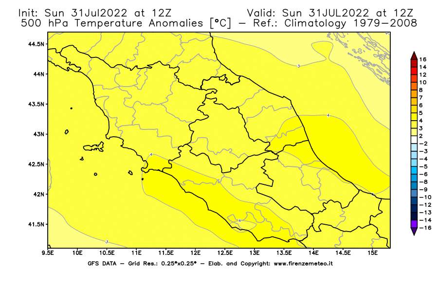 GFS analysi map - Temperature Anomalies [°C] at 500 hPa in Central Italy
									on 31/07/2022 12 <!--googleoff: index-->UTC<!--googleon: index-->