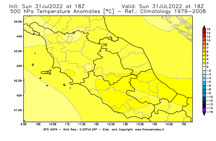 GFS analysi map - Temperature Anomalies [°C] at 500 hPa in Central Italy
									on 31/07/2022 18 <!--googleoff: index-->UTC<!--googleon: index-->