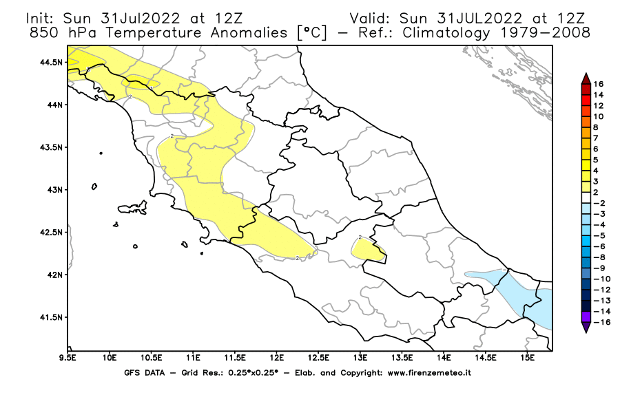 GFS analysi map - Temperature Anomalies [°C] at 850 hPa in Central Italy
									on 31/07/2022 12 <!--googleoff: index-->UTC<!--googleon: index-->
